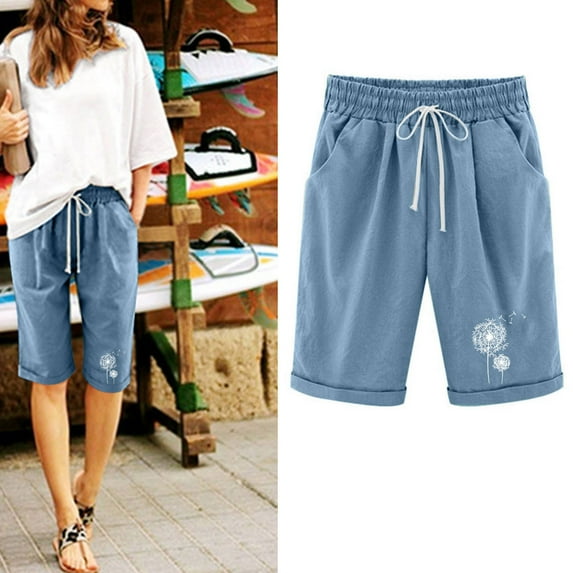 CALAFEBILA Women Yoga Shorts Summer Print Linen Wide Leg Independence Day Half Shorts Pants