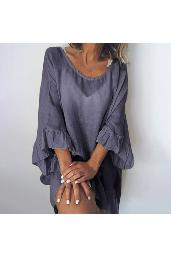 Women's Casual Dresses 3/4 Sleeve Solid Color Mini Sun Dress Flowy Ruffle Sleeve Short Women's Dresses