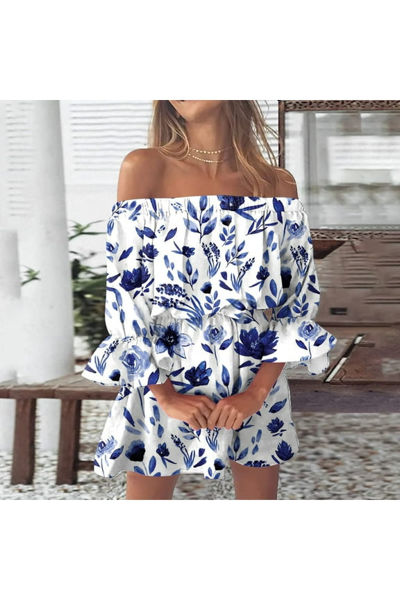 TIANEK Women's Summer Dresses Off-the-Shoulder Off-the-Shoulder Floral Mini Sun Dress Puff Sleeve Short Dresses for Women 2024