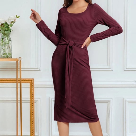 TIANEK Womens Dress Long Sleeve Square Neck Solid Color Knee Length Bodycon Dress Formal Ribbed Knit with Belt Long Women Dresses