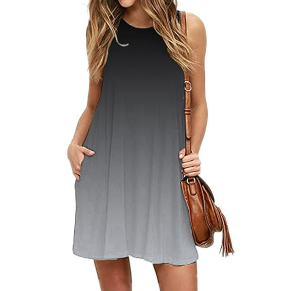CALAFEBILA Womens Dress Sleeveless Gradient Color Mini Sun Dress Pleated Pockets Tank Dress Short Boho Dresses