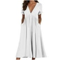 thumbnail image 1 of TIANEK Womens Dresses Plus Size Short Sleeve Deep V-neck Pleated Holiday Beach Midi Dresses with Pocekts, 1 of 5