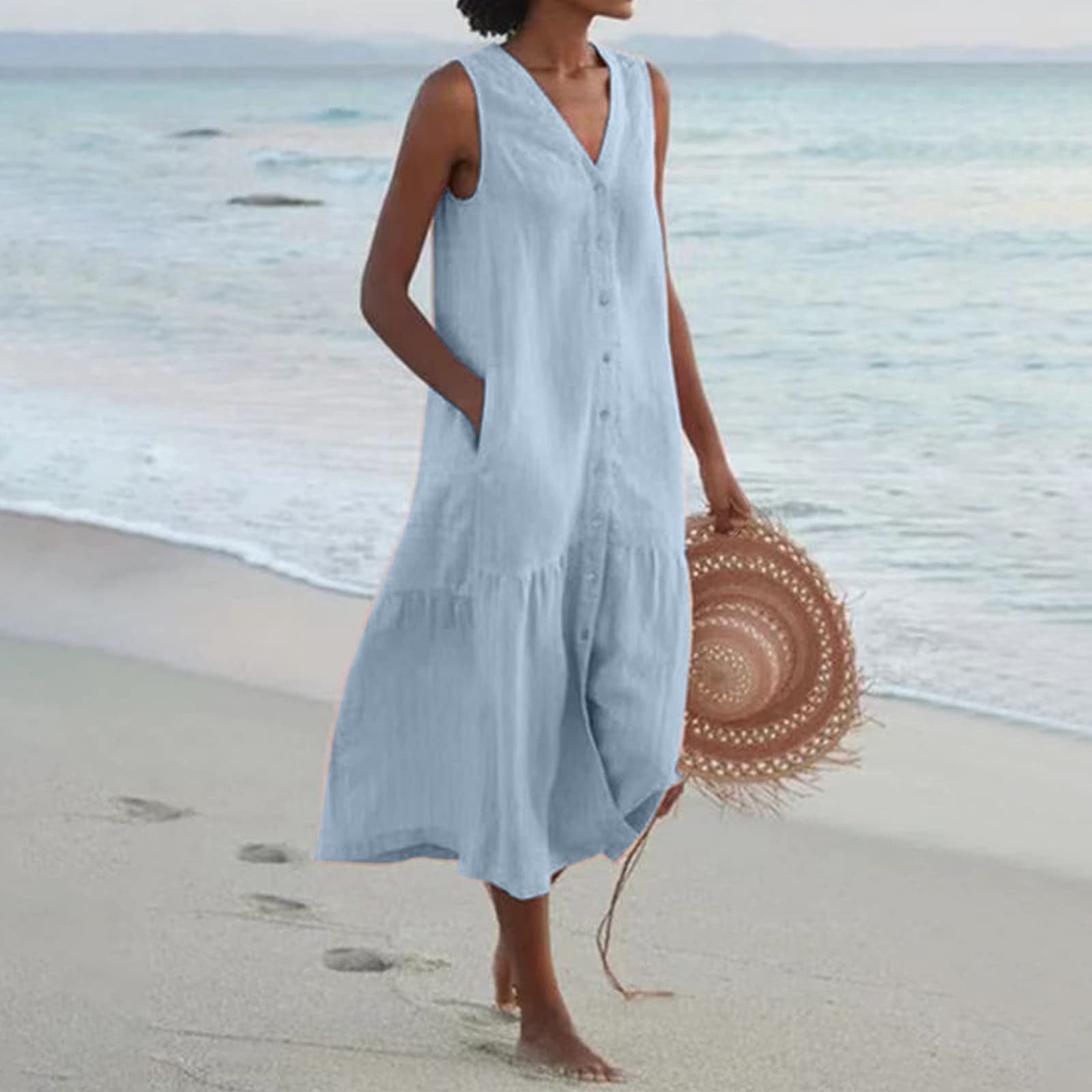 TIANEK Womens Dresses Summer Light Blue Beach Dresses Solid Solor V ...