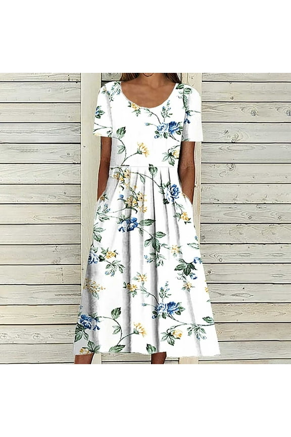 Womens Sundresses Short Sleeve Floral Midi Sun Dress A-Line Pleated Pockets Long Women Casual Dresses