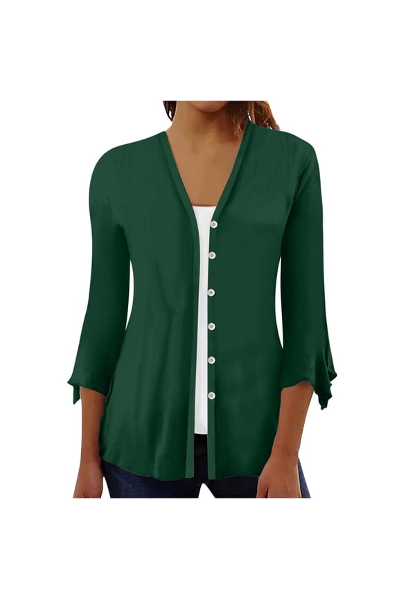 TIANEK Womens Sweater Work 3/4 Puff Sleeve Single-Breasted Comfy Front Open Solid Lightweight Cardigan for Women 2023