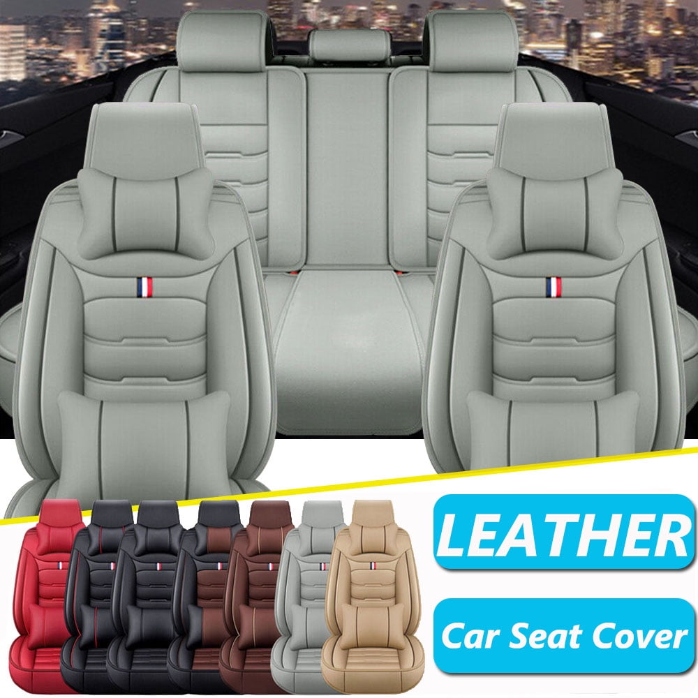 TIANLAIMEI Leather Car Seat Covers Full Set Front and Rear Bench Backrest Seat Cover Set Universal Fit for Sedan SUV Truck Beige