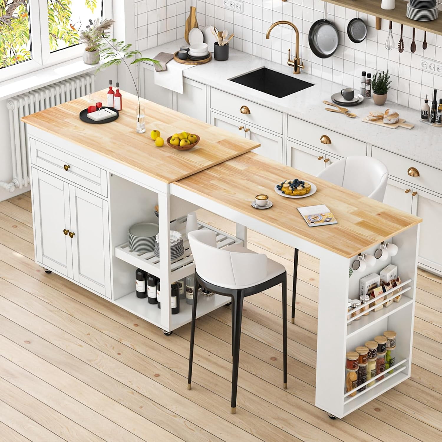 TIANTAI 77.8'' Rolling Kitchen Island with Extendable Dining Table for ...