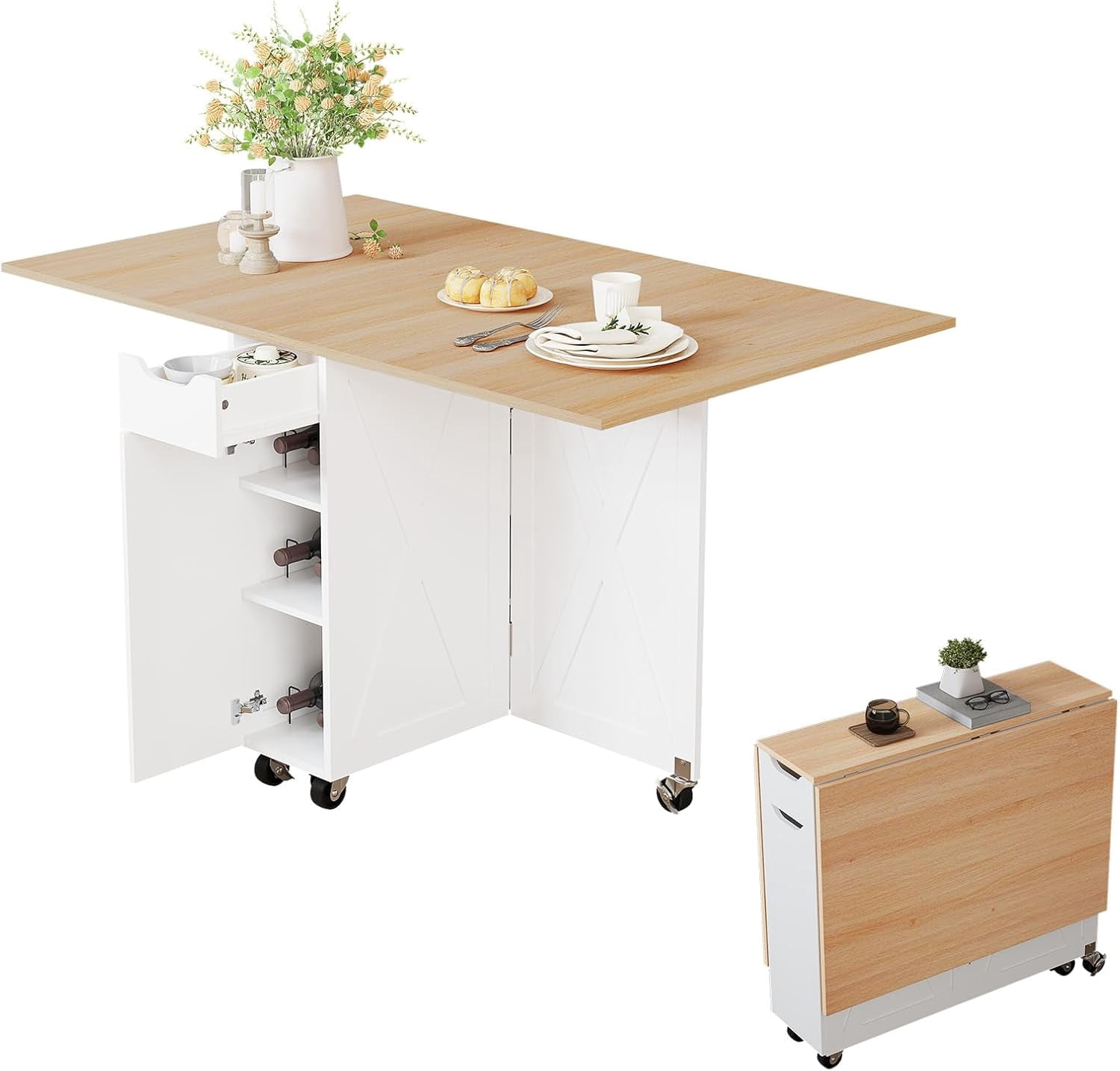 TIANTAI Folding Dining Table, Dinner Table with Drawer and Storage and ...