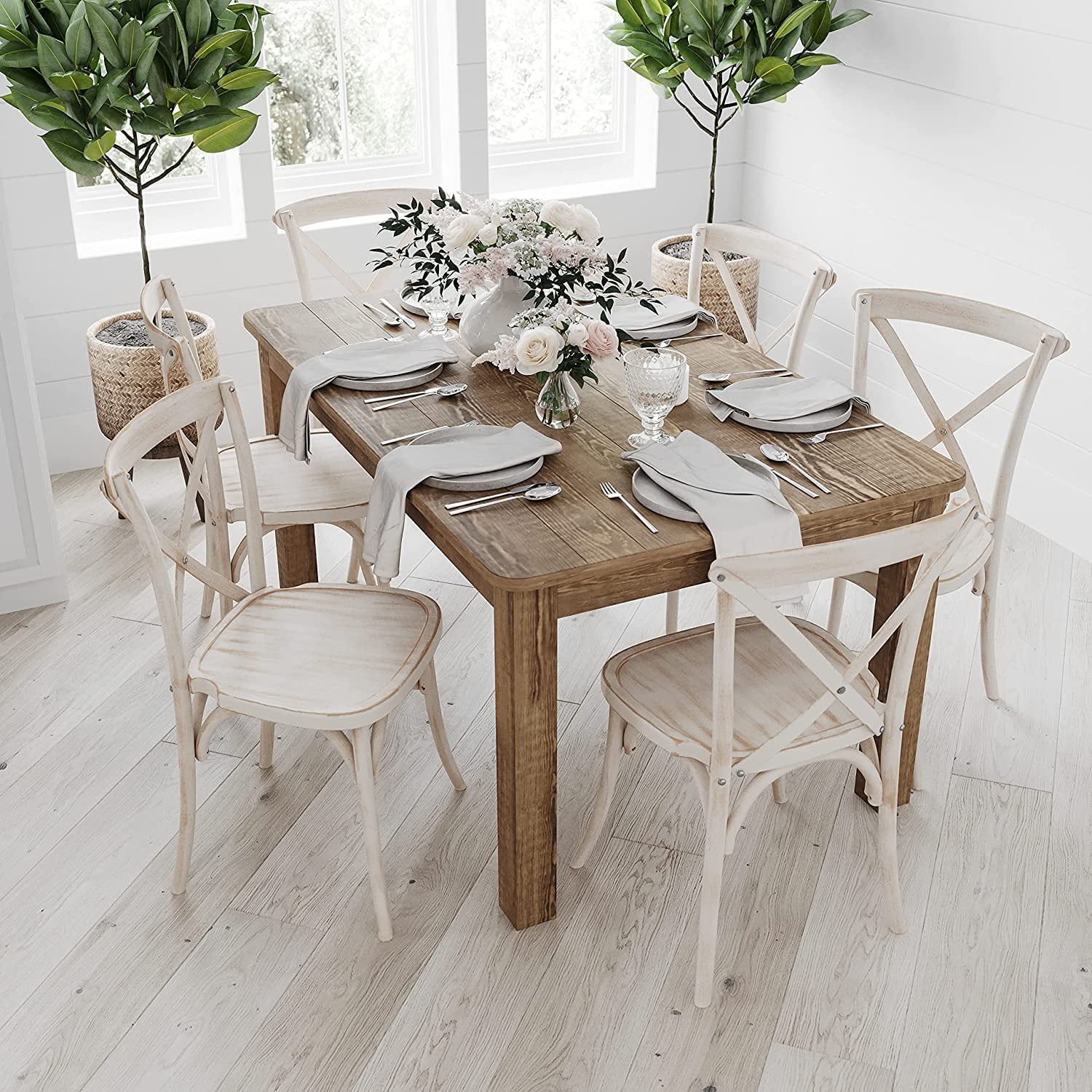 TIANTAI Rustic Brown Solid Wood Dining Table, Kitchen Table with Square Legs, Farmhouse Dining ...