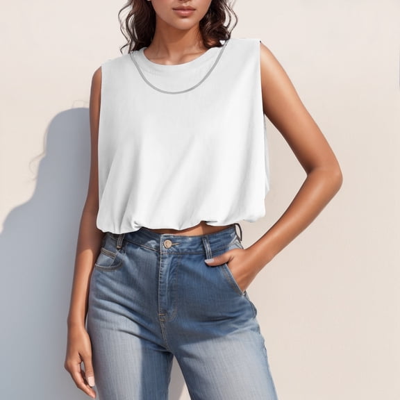 TIANZEN 2024 Fashion Women Summer Crop Tank Top Basic Crew Neck Sleeveless Loose Fit Cropped Tee Shirts Womens Solid Color Top Women's Shirts Summer Long Sleeve Plain Shirt Women