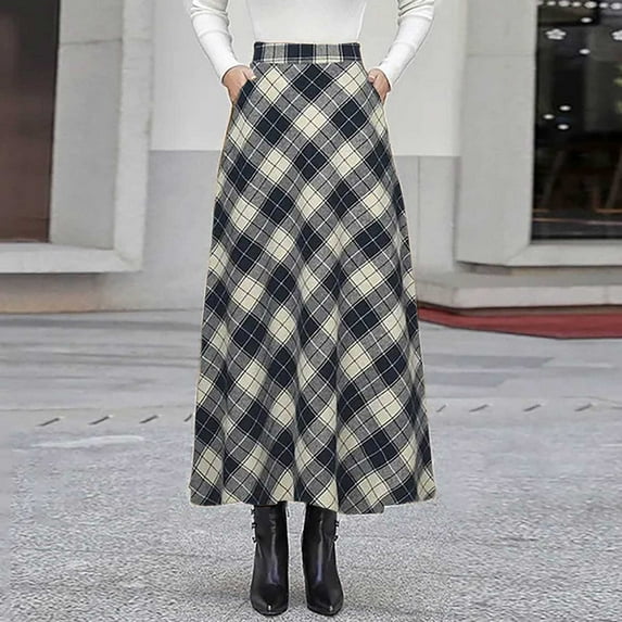 TIANZEN Autumn High Waist Plaid Swing Skirt For Party Casual Loose Fit Long A Line Flowy Skirt Skirted Leggings for Women Drawstring Skirt