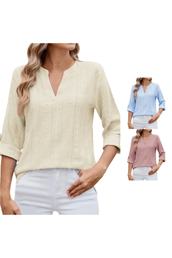 Blouses For Women Dressy Casual V Neck Roll Up Sleeve Shirts Going Out Mid Sleeve T Shirt Pullover Top Technical Shirts Women