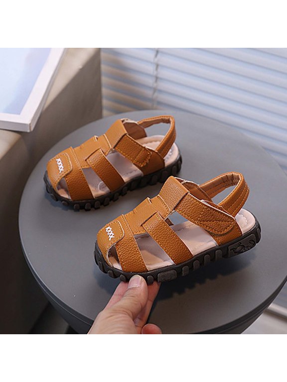 Boys Closed Toe Sport Sandals For Outdoor Play Beach Walking Casual Fashion Kids Water Shoes With Protective Design Leather Flip Fops