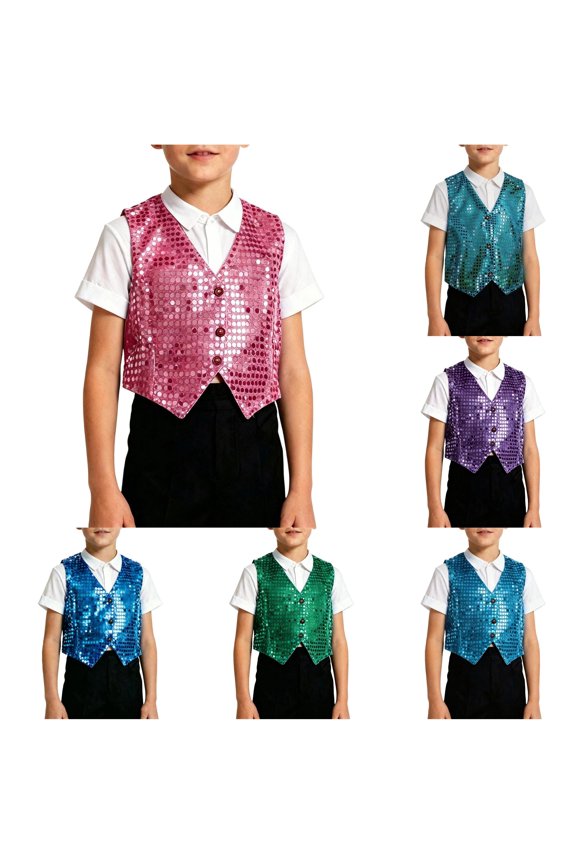 Boys Jazz Dance Sequin Vest Performance Top Kids Stage Shiny Glitter Sleeveless Blouse Party Tunic Boys Olive Thermal Shirt