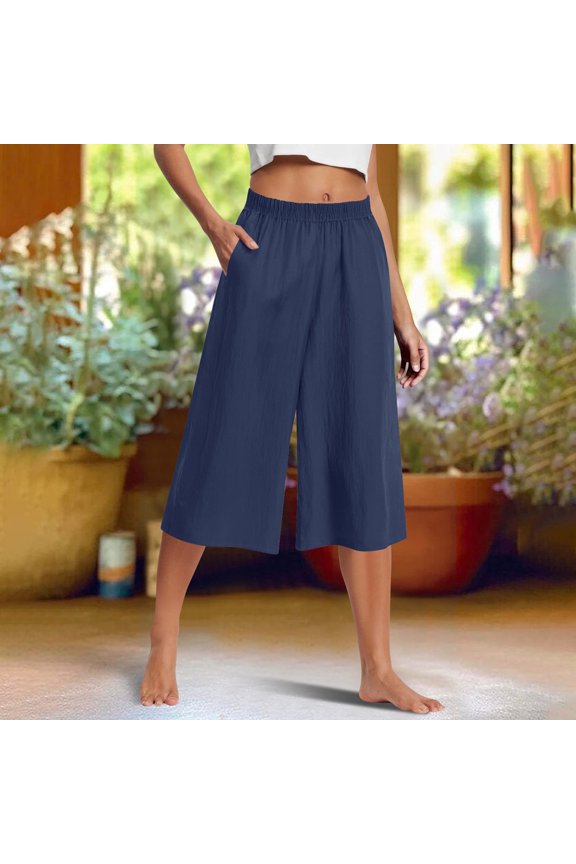 Capri Pants For Women Lined Wide Leg Summer Pants Drawstring Elastic Waist Trendy Capris Trousers Womens Casual Pants Elastic Waist with Pockets Women Workout Pants Women Casual Pants for Work