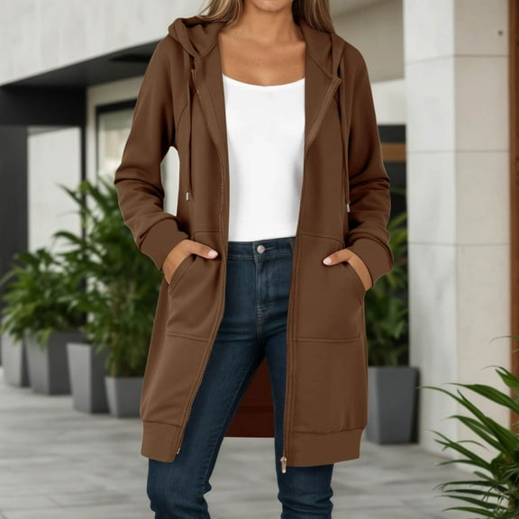 TIANZEN Casual Autumn And Winter Long Sweatshirt Jacket Zipper Full Sleeve Hooded Sweatshirt Long Hoodies Zip up with Sleeve Womens Hoodies Bulk
