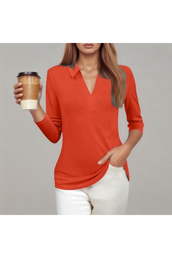 Casual Loose Solid Color V Neck 3/4 Sleeve Shirt For Women Apparel T Sleeve T Tee Shirts Womens