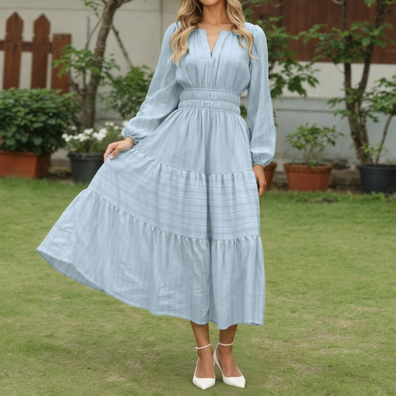 TIANZEN Casual V Neck Tiered Sleeve Dress Elegant Flowy Long Sleeve Tunic For Daily Wear Comfortable Stretchy Soft Fabric Stylish plus Maxi Dress Dresses for Beaches Tie Waist Midi Dresses for Women