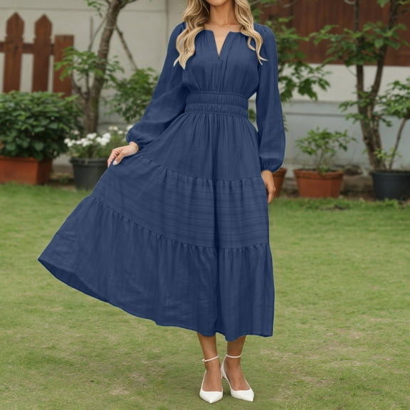 TIANZEN Casual V Neck Tiered Sleeve Dress Elegant Flowy Long Sleeve Tunic For Daily Wear Comfortable Stretchy Soft Fabric Stylish plus Maxi Dress Dresses for Beaches Tie Waist Midi Dresses for Women