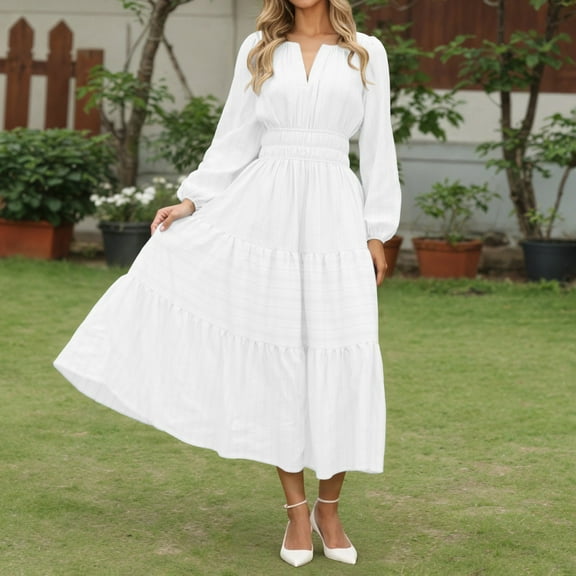 TIANZEN Casual V Neck Tiered Sleeve Dress Elegant Flowy Long Sleeve Tunic For Daily Wear Comfortable Stretchy Soft Fabric Stylish plus Maxi Dress Dresses for Beaches Tie Waist Midi Dresses for Women