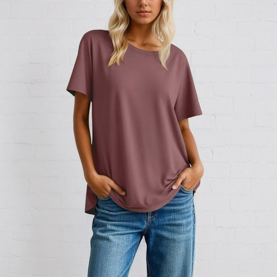 TIANZEN Classic Solid Color Casual Tee Shirt Basic Comfortable Soft Everyday Blended Short Sleeve For Ladies Short Sleeve Tops for Women Womens Tees Long Sleeves Women Shirt