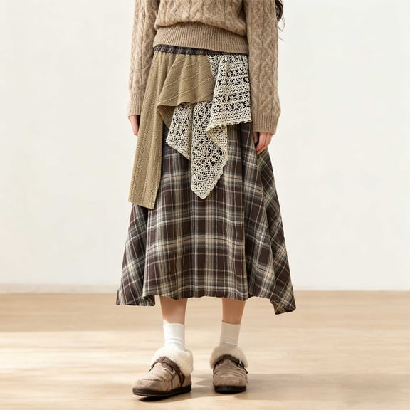 TIANZEN Color Plaid Midi Skirt For High Waist Elastic Waistband A Line Pleated Flowy Casual Fall Fashion Skirt Chiffon Skirts for Women Women's Skirt Suits for Work