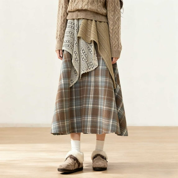 TIANZEN Color Plaid Midi Skirt For High Waist Elastic Waistband A Line Pleated Flowy Casual Fall Fashion Skirt High Waist Swim Skirt Long Pencil Skirts for Women