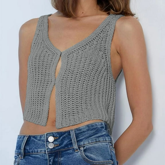 TIANZEN Crochet Knitted Vest For Women Hollow Out Button Down Cardigan Retro Crochet Knit Tank Vest Sleeveless Jean Vest Women down Quilted Vest down Vests Women