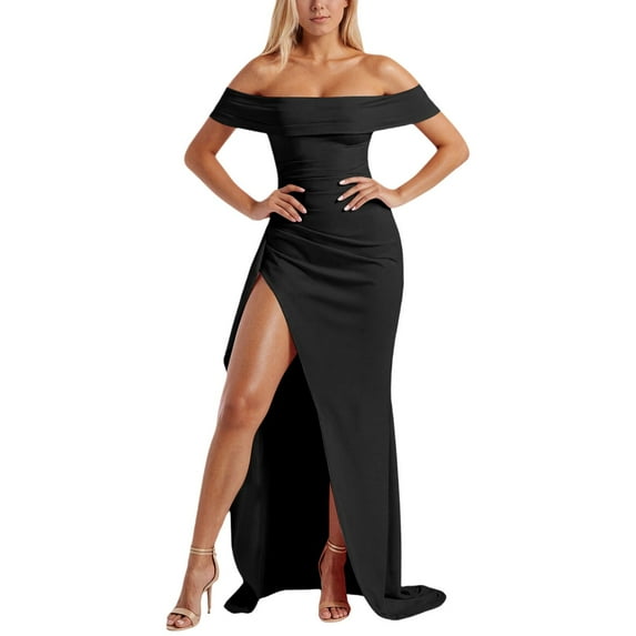 TIANZEN Elegant Formal Evening Gown Off Shoulder Backless Slit Long Dress With High Side Split Satin Wedding Dress Thigh Slit Dresses Formal Dress Wear