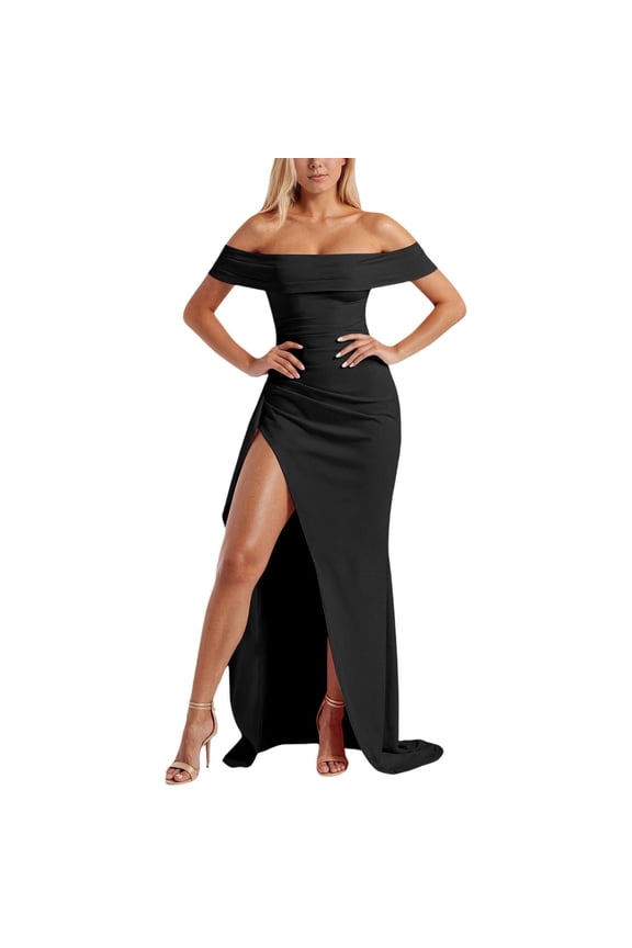 Elegant Formal Evening Gown Off Shoulder Backless Slit Long Dress With High Side Split Satin Wedding Dress Thigh Slit Dresses Formal Dress Wear