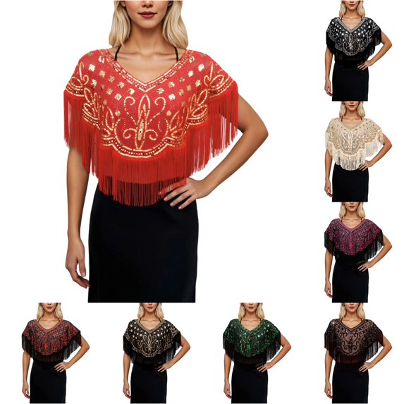 TIANZEN Elegant Fringe Sequin Shawl Wrap For Evening Gown Party Dress Formal Occasion And Wedding Light Shawl