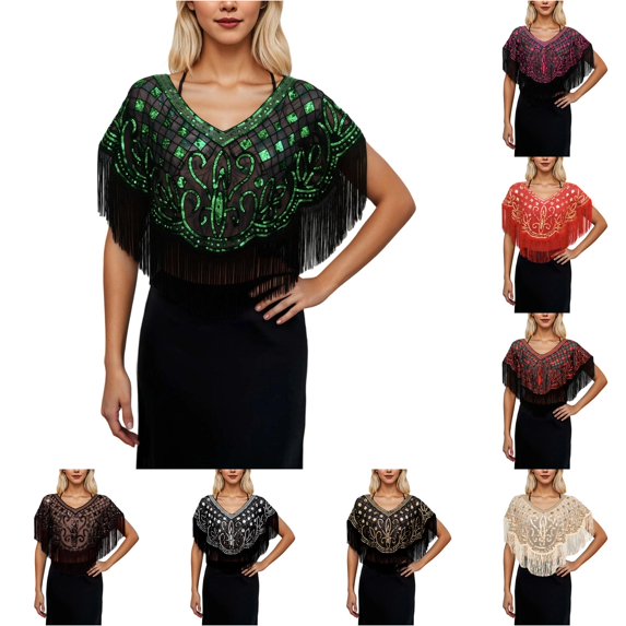 TIANZEN Elegant Fringe Sequin Shawl Wrap For Evening Gown Party Dress Formal Occasion And Wedding Light Shawl
