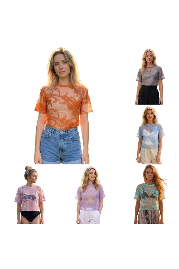 Elegant Mesh Embroidered Short Sleeve Top For Summer – Stylish Lightweight Tee With Delicate See Through Detail And Relaxed Fit Womens Long Sleeved Tees