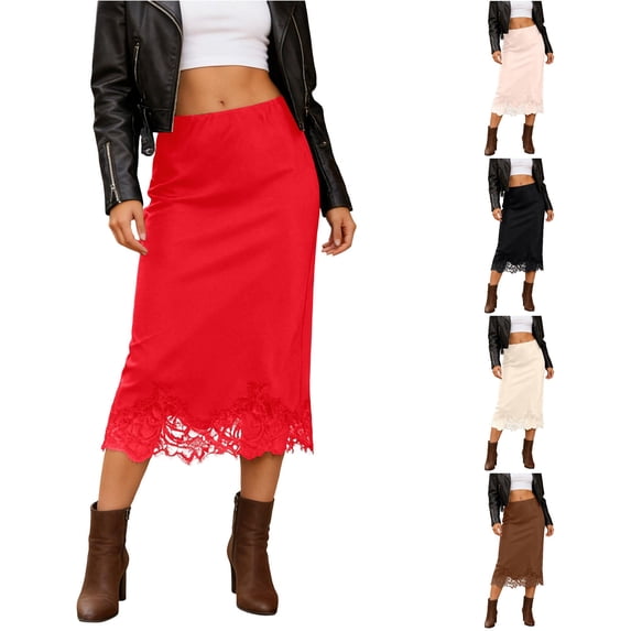 TIANZEN Elegant Satin Skirt With Lace Trim Detail Flowy Midi Length For Party And Evening Wear Metallic Skirts for Women