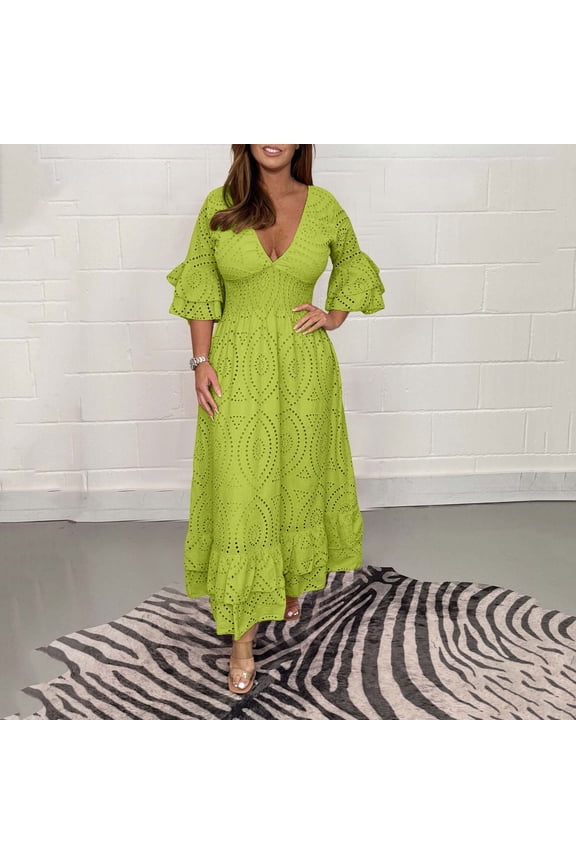 Embroidery Anglaise Ruffle Sleeves Midi Dress Embroidery Dress For Women V Neck High Waist Lace Boho Dresses With Sleeves Ladies Denim Dress Short Casual Dress Summer Dress