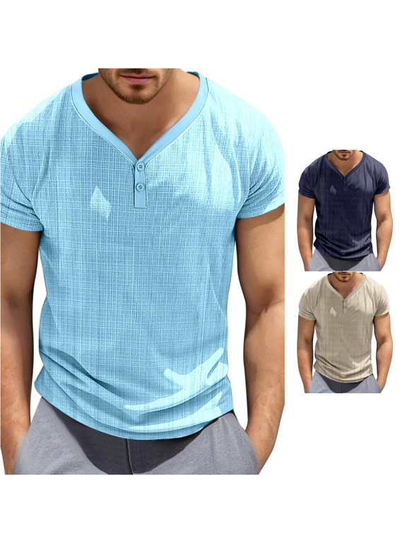 European Solid Color Button Knitted Knot Men Casual Loose Comfortable Sports Foreign Trade V Neck Short Sleeved T Shirt Large Mens T Shirts