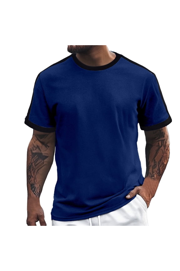 European Solid Color Vertical Color Blocked Top For Men Casual Loose Comfortable Business Foreign Trade Round Neck Short Sleeved T Shirt Mens Shirts Big And Tall