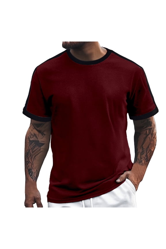 European Solid Color Vertical Color Blocked Top For Men Casual Loose Comfortable Business Foreign Trade Round Neck Short Sleeved T Shirt Mens Shirts Big And Tall
