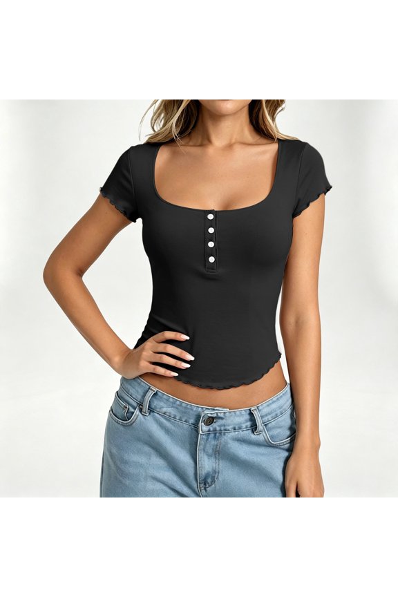 Fashion Square Neck Button Down Slim Fit Curved Short Sleeve T Shirt Solid Workout Tops Women