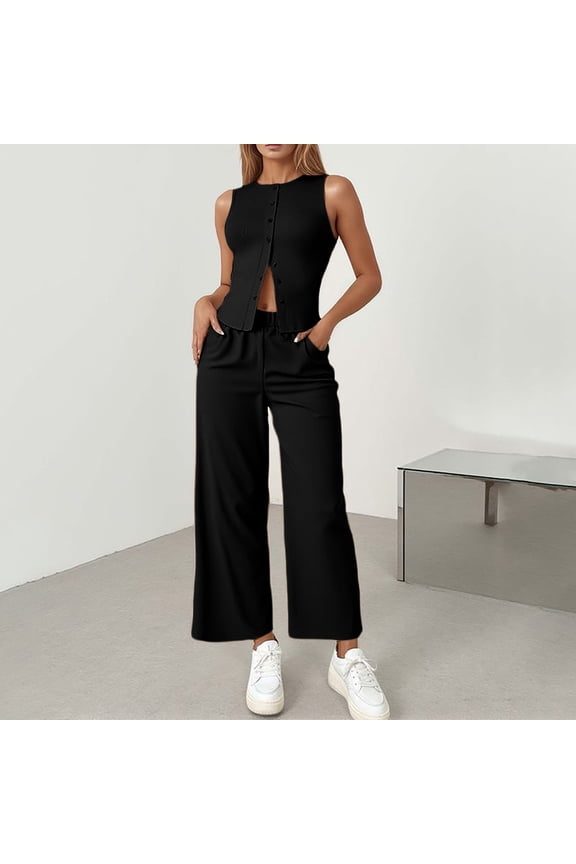 Fashionable Business Commute Vest And Wide Leg Pants Paints Suit for Women Mono Two Piece Pants Set Women