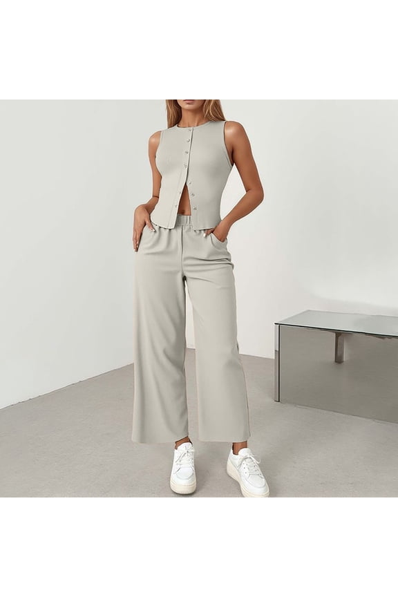 Fashionable Business Commute Vest And Wide Leg Pants Paints Suit for Women Mono Two Piece Pants Set Women