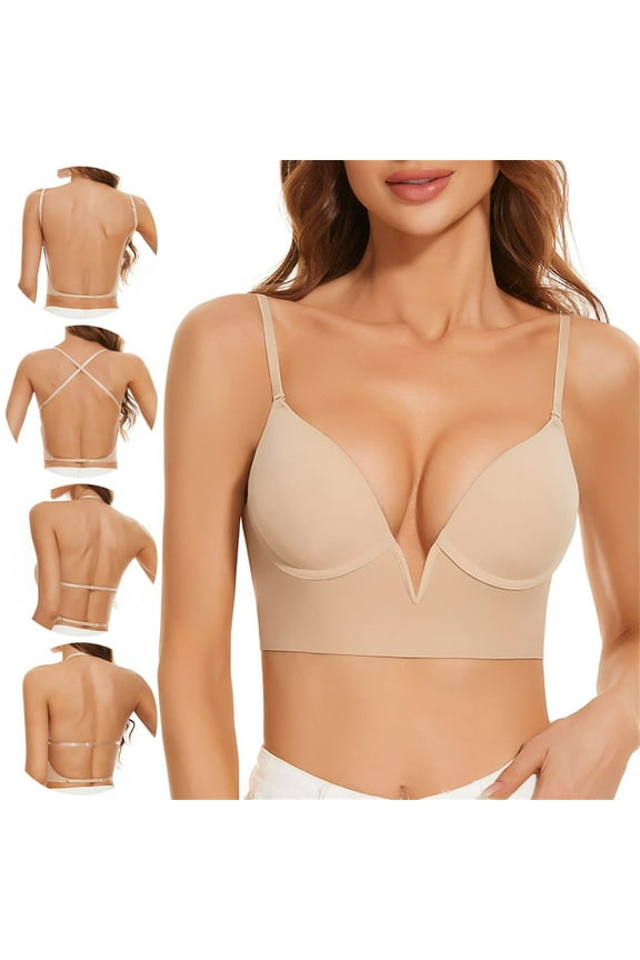 French Deep V Low Cut Large Open Back U Shaped Back Seamless Underwear Small Chest Gathered Running Girl One Shoulder Sports Bra Compression Sports Bra plus Size Tan Bra for Women