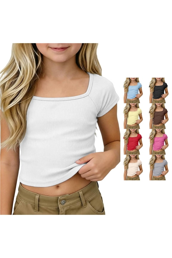 Girls Ribbed Knit Crop Top Short Sleeve Tee Square Neck Raglan Basic Casual Shirt For Kids Toddler Youth Too for Girls