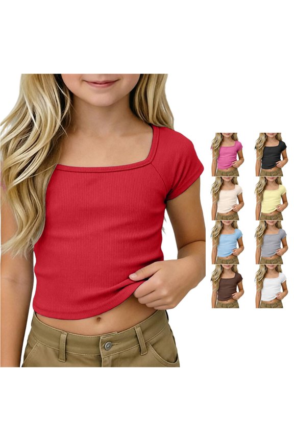 Girls Ribbed Knit Crop Top Short Sleeve Tee Square Neck Raglan Basic Casual Shirt For Kids Toddler Youth Too for Girls