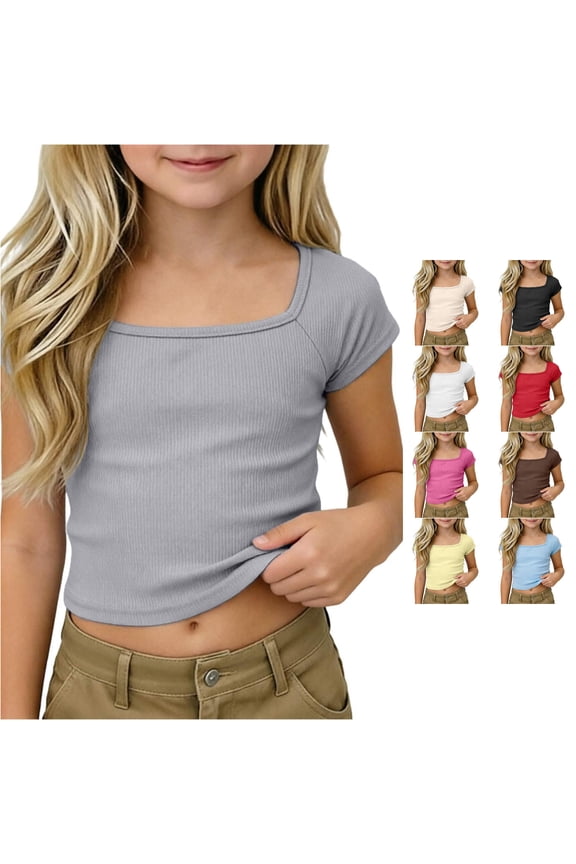 Girls Ribbed Knit Crop Top Short Sleeve Tee Square Neck Raglan Basic Casual Shirt For Kids Toddler Youth Too for Girls