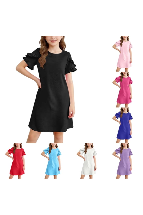 Girls Summer Dresses Short Sleeve Casual Round Neck Straight Beach Dress With Ruffle 7-8 Girls Clothes