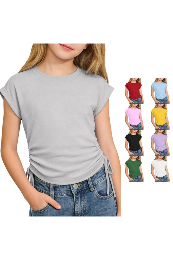 Girls Summer Short Sleeve Blouse Casual Tunic Top With Crew Neck Pullover Shirt For Outdoor Play Dance