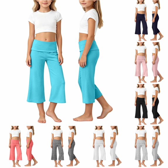 TIANZEN Girls Waist Yoga Pants Solid Color Wide Leg Loose Casual Cropped Capris For Play And Everyday Wear plus Size Girl Leggings