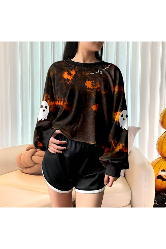 Halloween Women's Hoodless Sweatshirt Witch Design Long Sleeve Pullover For Season And Everyday Wear Hi Low Hoodies Women
