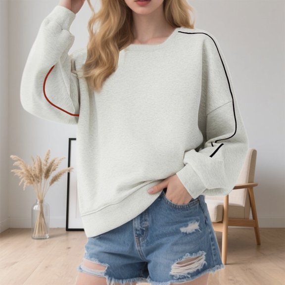 TIANZEN Heavyweight Crewneck Sweatshirt For Oversized Color No Hood Pullover With Contrast Panels Casual Streetwear Top Color Sweatshirt Women Crop Sweatshirts Women Set Light Long Sleeve Sweatshirt